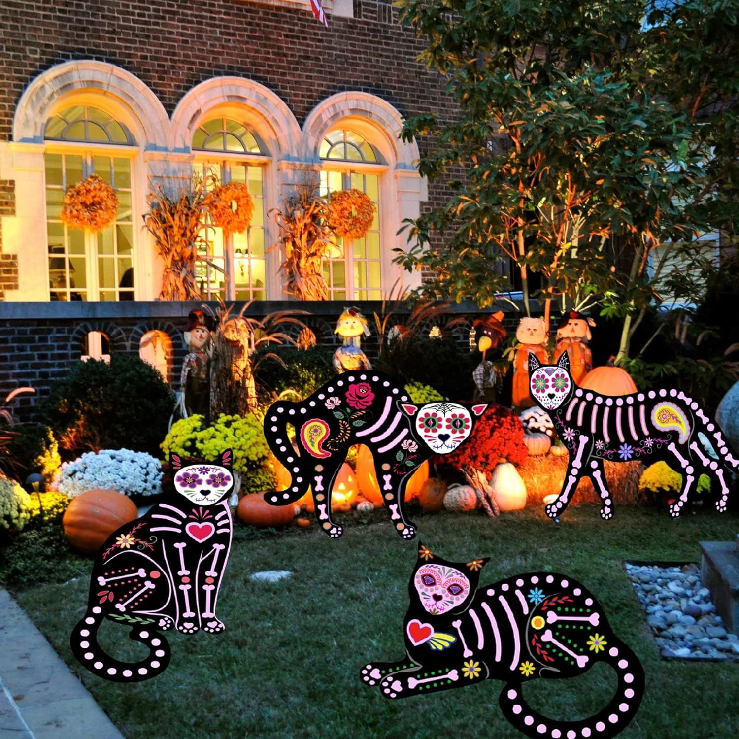 Yard Signs - 4Pcs Halloween Decorations Outdoor Fluorescence Skeleton Cat,Scary Creepy Sugar Skull Animals with Glow in the Dark- 16”x 14” Day of the Dead Silhouette Yard Sign with stakes(Purple Skeleton)