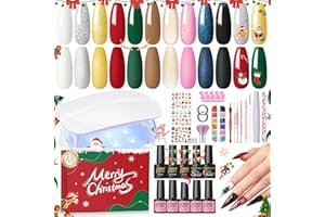 PEACECOLOR 33PCs Christmas Gel Nail Polish Kit with U V Light Red Green Glitter Gold Silver Sparkle Gel Polish Kit Top Base Coat Nail Stickers Decorations Winter Colors Gifts for Women Girl
