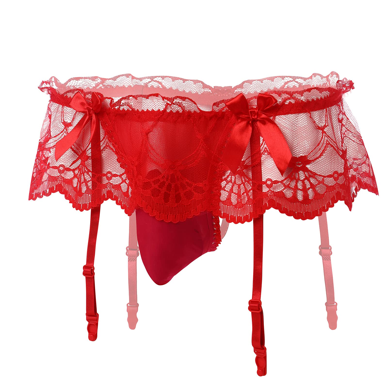 Photo 1 of ABAFIP Men Lingerie Frilly Skirted Sissy Thongs Panties Low Waist G-string Garter Belt Crossdressing Underpants Lace Underwear Red One Size