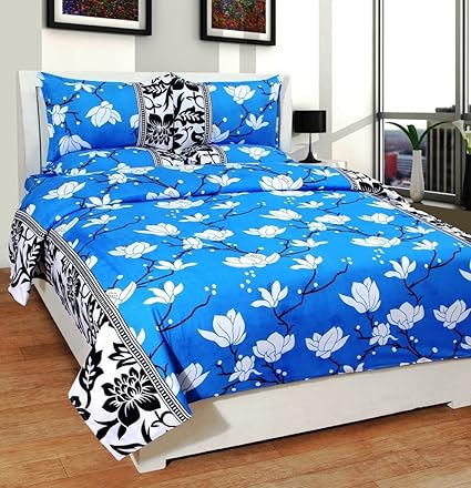 Homefab India 140 TC Polycotton Double Bedsheet with 2 Pillow Covers - Floral, Blue