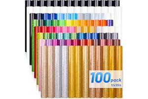 LZERKING Heat Transfer Vinyl 12" x 10" - 100 Sheets 63 Assorted Colors Glitter and Matte Bulk HTV Iron On Vinyl for Cricut/Cameo Bundle, DIY Shirts, Bags, Socks, Pillow - Washed and Easy to Cut & Weed