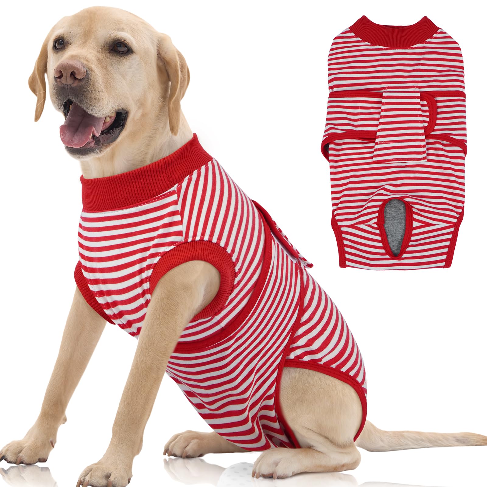 Photo 1 of FUAMEY Dog Recovery Suit Male,Dogs Surgery Neuter Suits Puppy Spay Shirts for Female Protect Dog's Skin Anti Licking Abdominal Wounds Doggie Onesie Pet Bodysuit Alternative to Cone Red Stripes XL