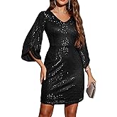 Dressystar Sequin Dress for Women 2026 Sparkly Formal V Neck Long Slit Sleeves Glitter Bodycon Cocktail Party Prom Dresses