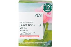 YUNI Beauty Large Body Wipes (Rose Cucumber, 12 Count) Soft Moist Showerless Wipes, Cleanse & Deodorize Waterless Travel Body Cleanser, Biodegradable Individually Wrapped Body Wipes for Camping or Gym