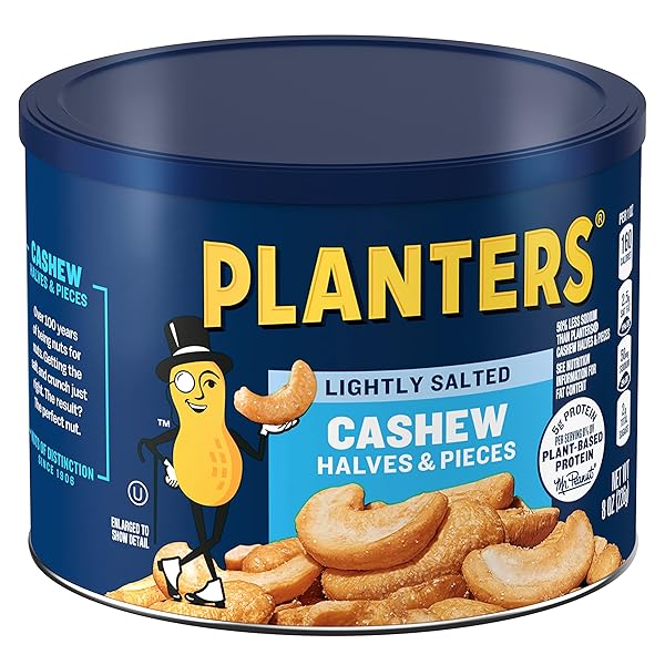 PLANTERS LIGHTLY SALTED CASHEWS, CASHEW HALVES & PIECES, PLANT-BASED PROTEIN, 8 OZ CANISTER, GREAT PARTY SNACK