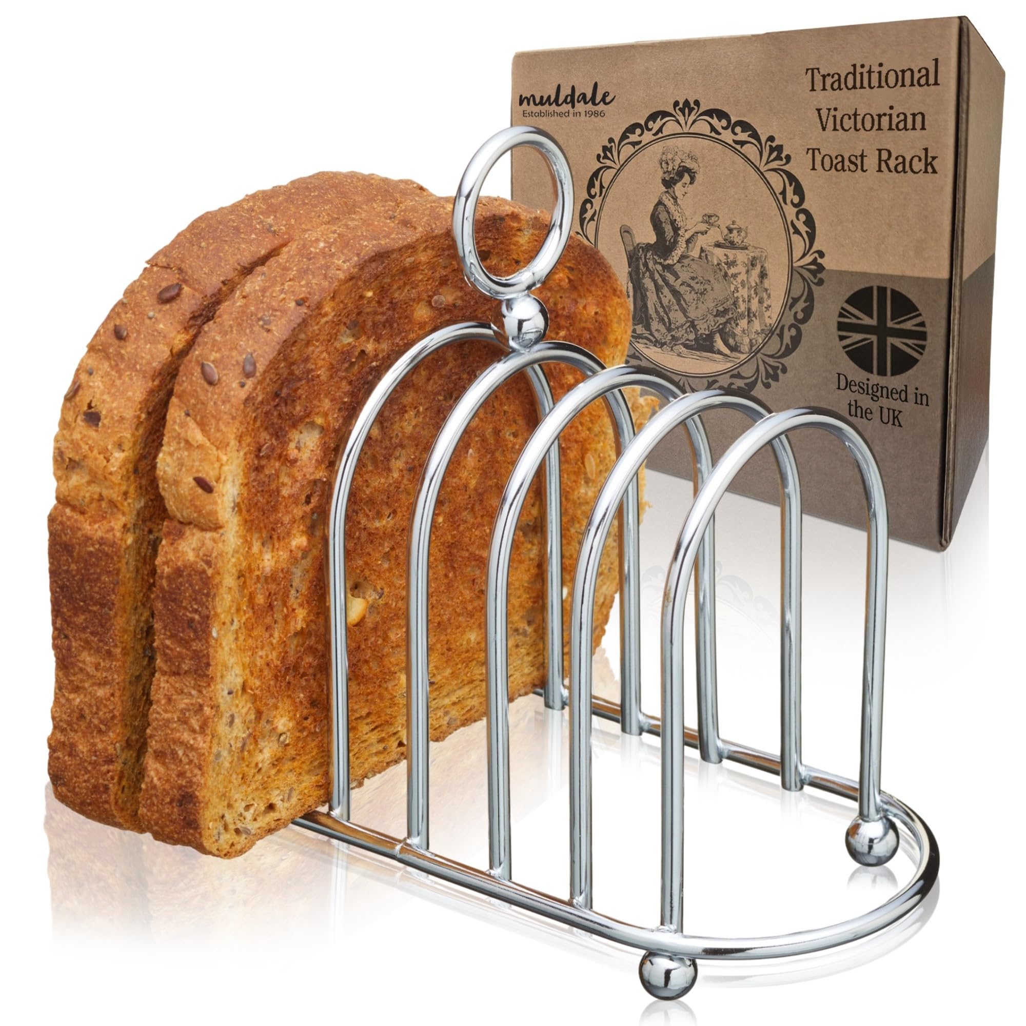 Muldale Toast Rack 6 Slice Victorian Style - Silver Chrome Toast Holder Rack with Ball Feet - Stand with Carry Handle - Sturdy and Toughened - 1.4cm Wide Gap