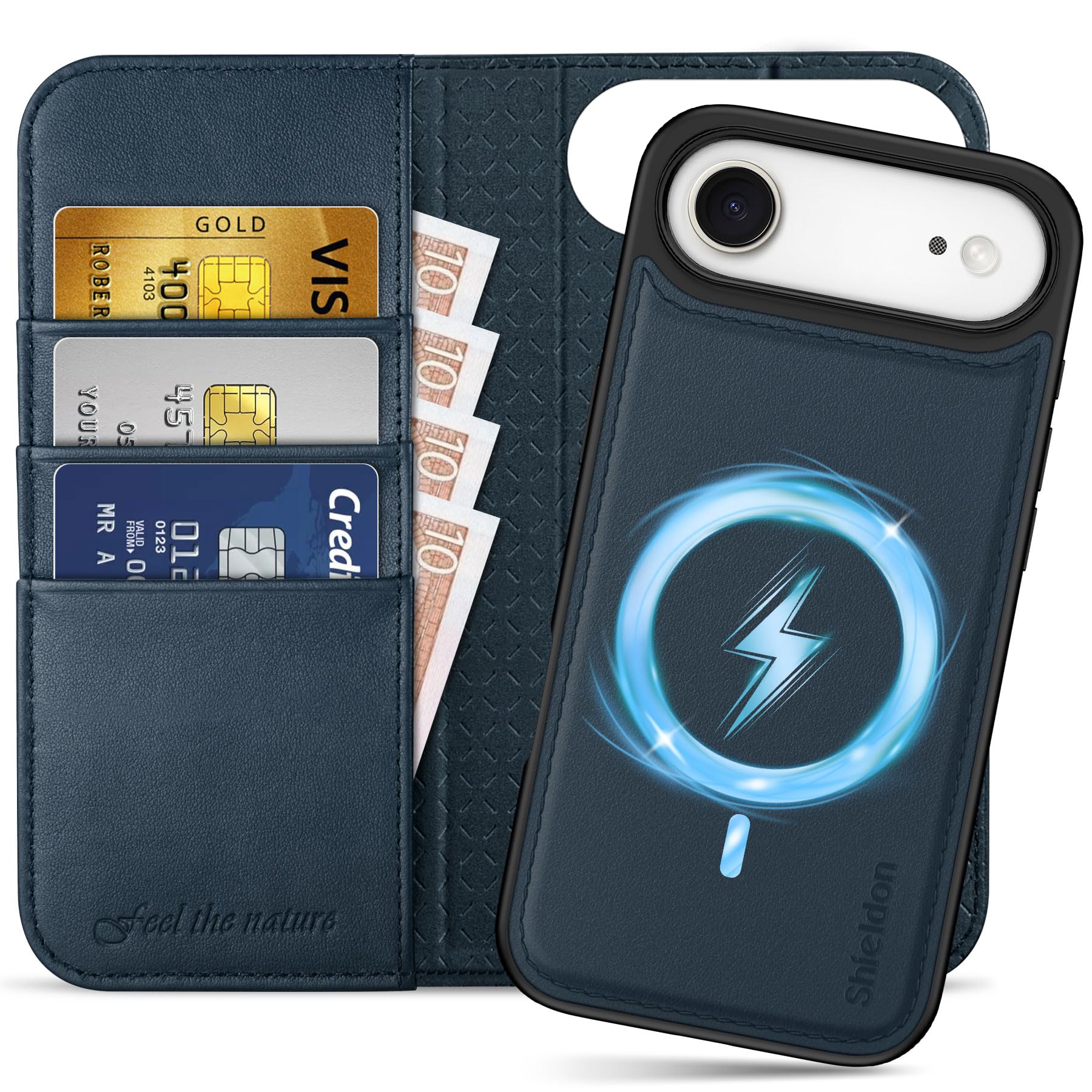Photo 1 of SHIELDON Genuine Leather Detachable Case Wallet for iPhone Air 6.5" 2025 | 2-in-1 | Wireless Charging | Flip Magnetic Closure | RFID Blocking Card Slot | Shock-Absorbing Cover | Navy Blue