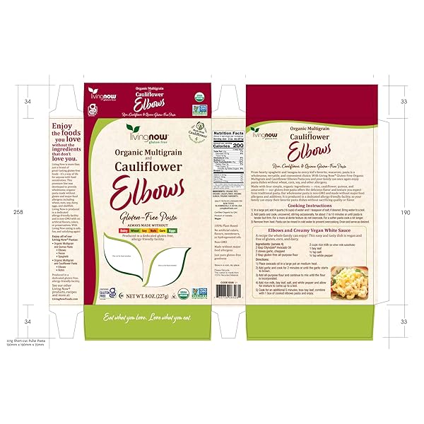 NOW, LIVING NOW, NOW NATURAL FOODS, ORGANIC MULTIGRAIN AND CAULIFLOWER ELBOWS GLUTEN FREE PASTA, MADE WITHOUT DAIRY, WHEAT, SOY, NUTS, CORN OR EGGS, 8 OZ
