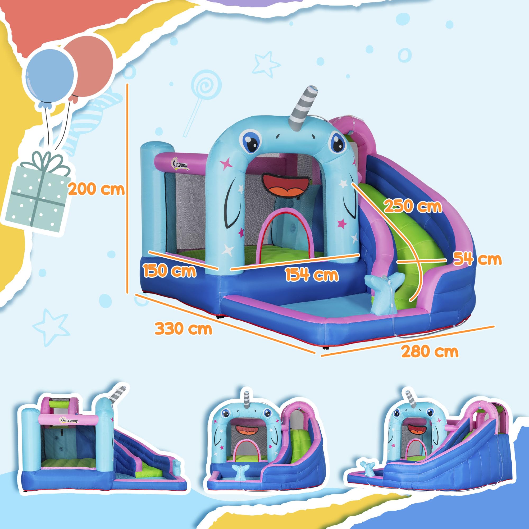 Outsunny Aufblasbare Hüpfburg mit Gebläse, Wasserspielcenter inkl. Sicherheitsnetz, Wasserrutsche, Spielburg Wasserpark für Kinder 3 bis 8 Jahre, 330 x 280 x 200cm 7