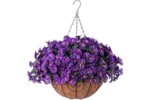 HOPPWODD Artificial Fake Hanging Flowers Plants Basket for Outdoor Porch Spring Decoration, Faux Silk Realistic Morning Glory Floral Petunia Arrangement Planter UV Resistant for Outside Patio Balcony Garden