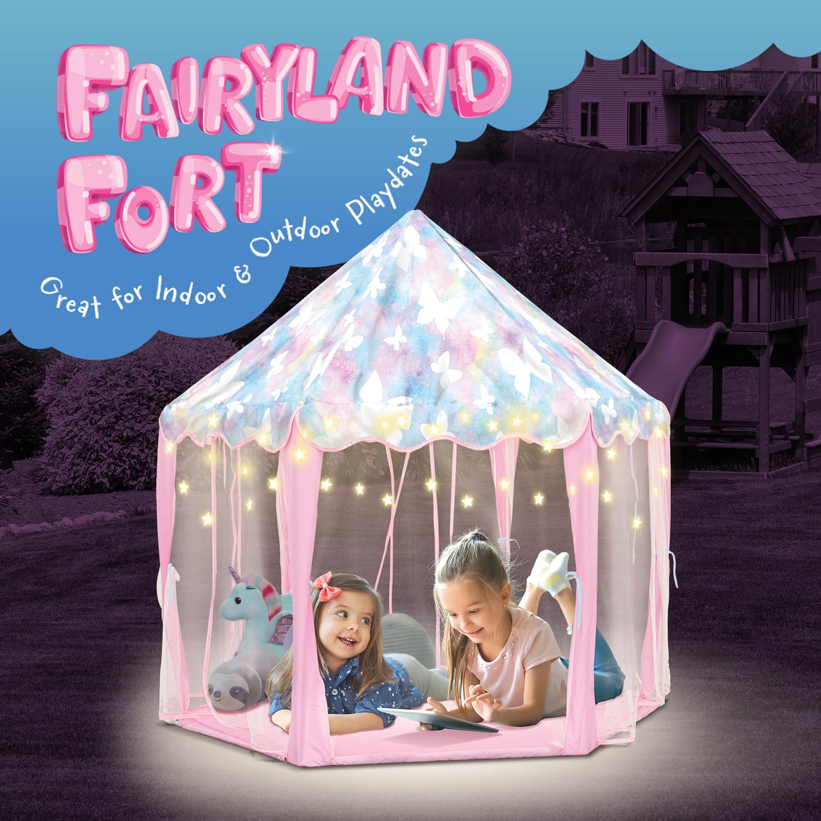Heyu! Fairyland Fort Playhouse Play Tent with Star Lights Indoor and Outdoor Toys, Kids Butterfly Princess Castle for Children Gifts