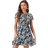 Allegra K Women's Ruffle Sleeve Self-Tie V Neck Flowy Ruffled A-Line Floral Chiffon Dress