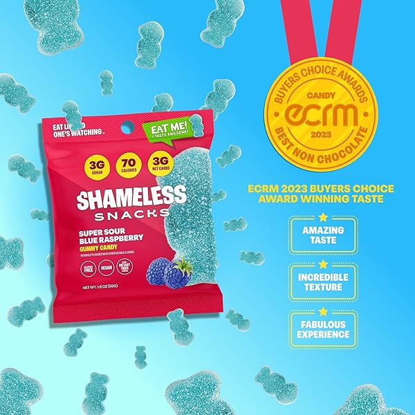 SHAMELESS SNACKS – HEALTHY LOW CALORIE SNACKS, LOW CARB KETO GUMMIES (GLUTEN FREE CANDY) – 6 PACK SOUR BLUE RASPBERRY