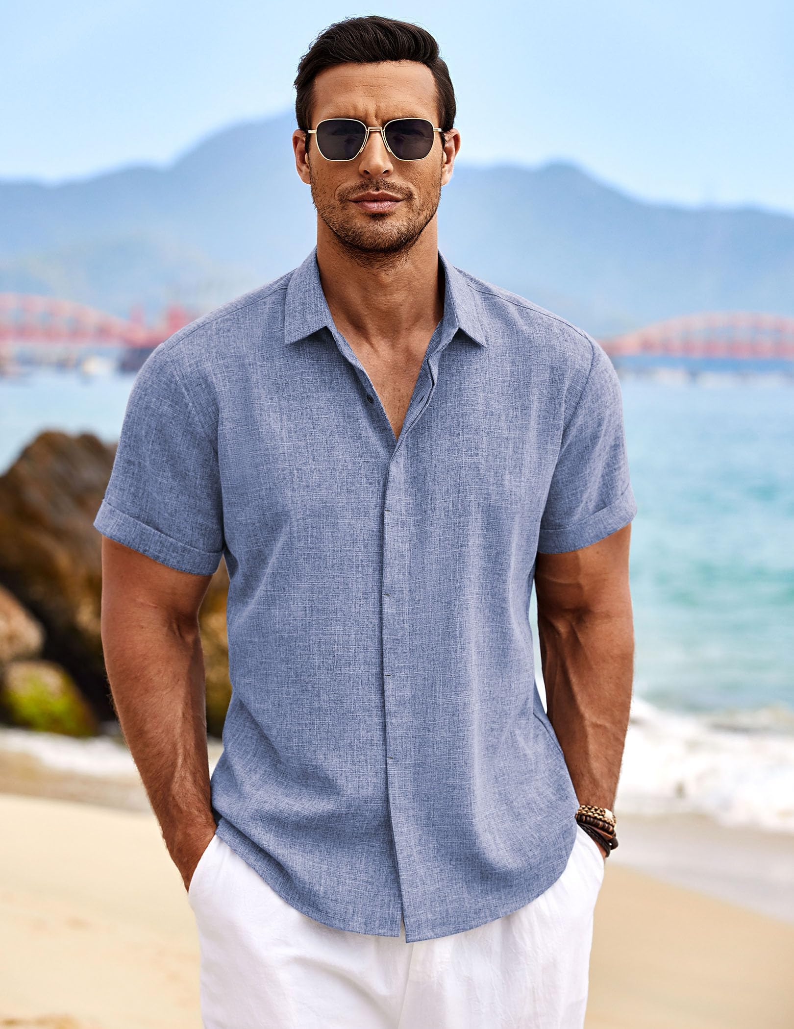 COOFANDY Leinenhemd Herren Kurzarm Hemden Sommerhemd Regular Fit Leinen Shirt Button Down Freizeithemd Tiefes Blau M 2