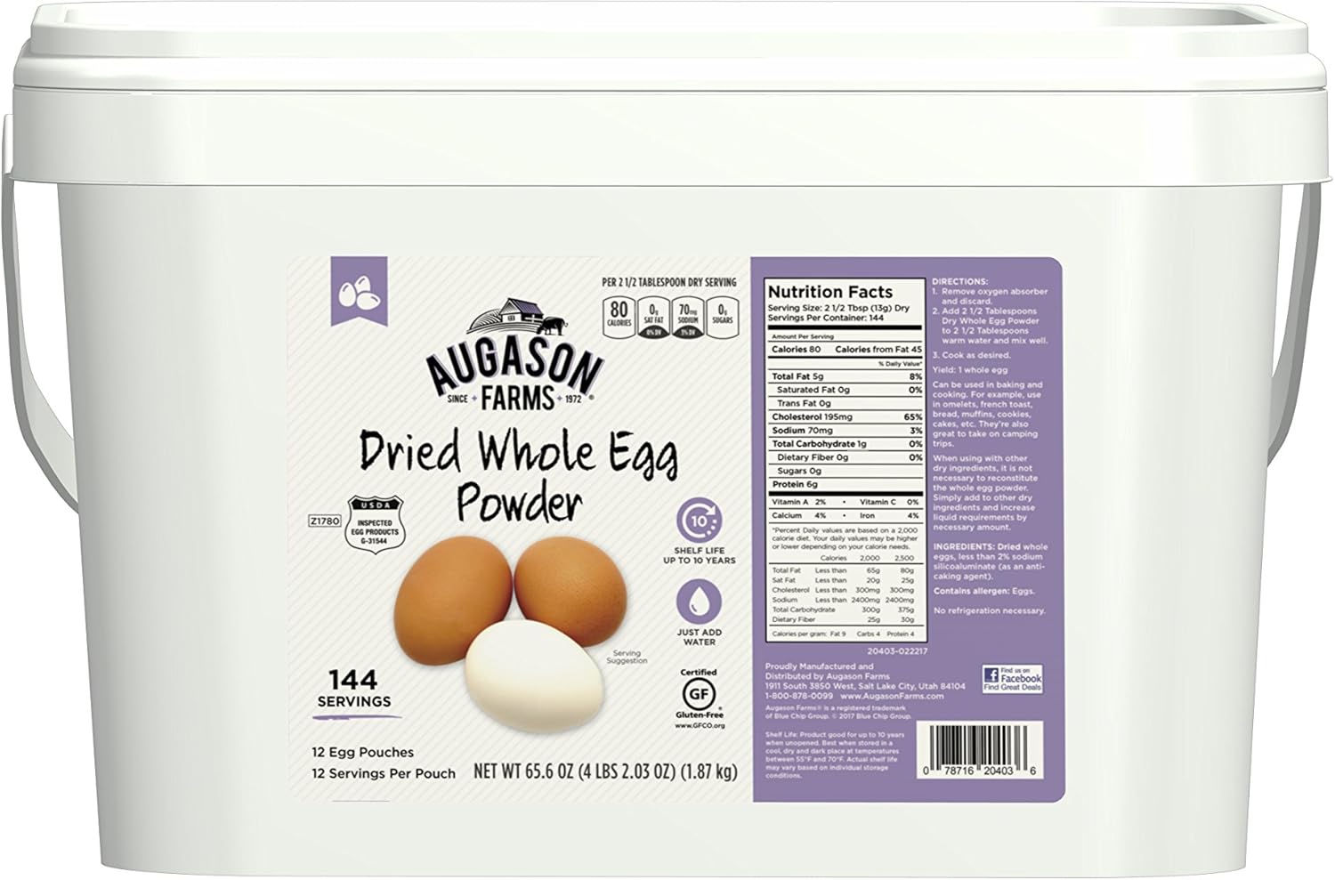 Augason Farms Whole Dried Egg Powder 65.6 oz 12Pouch 2G Pail Amazon