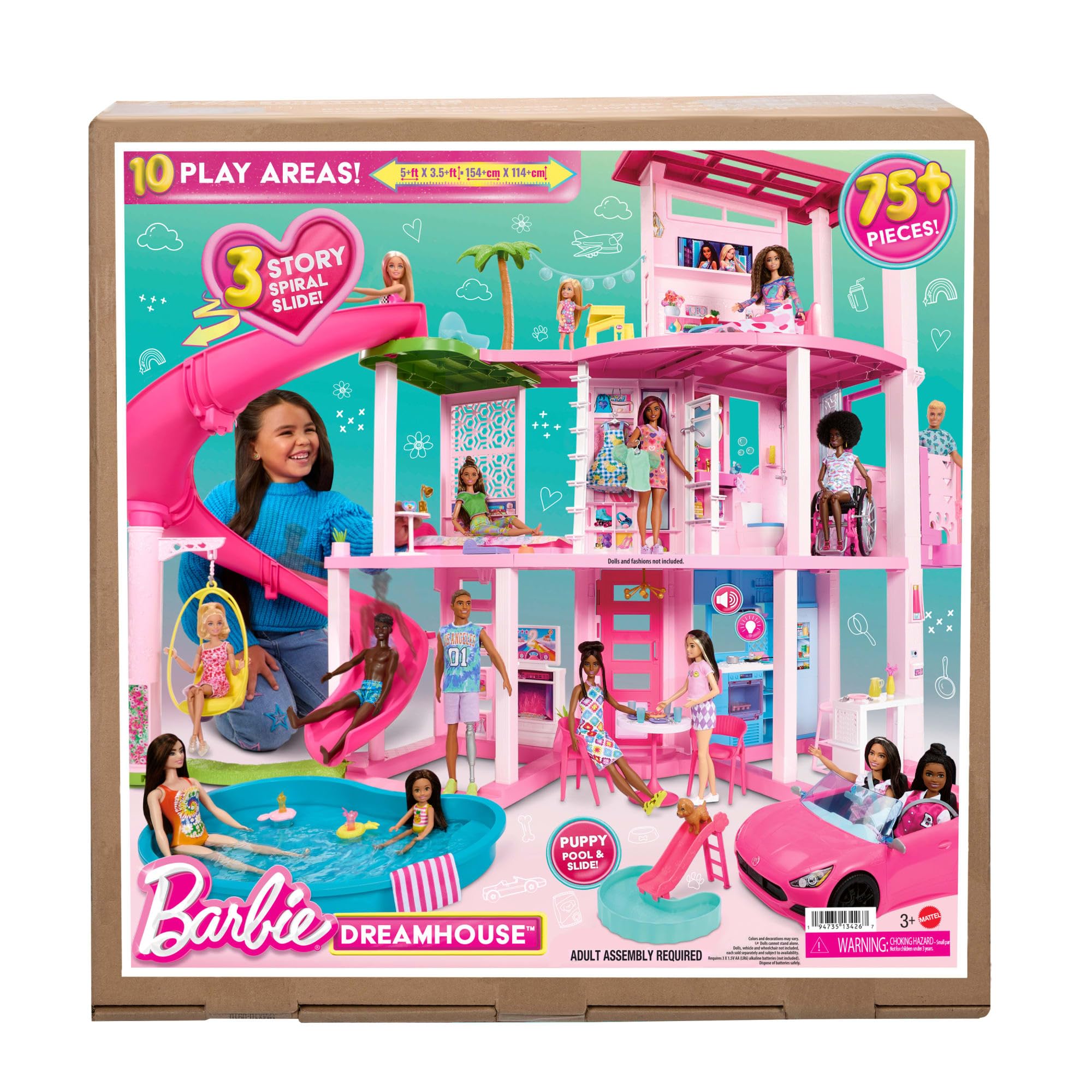 Barbie Dreamhouse, Pool Party Doll House with 75+ Pieces and 3-Story Slide, House Playset, Pet Elevator and Puppy Play Areas