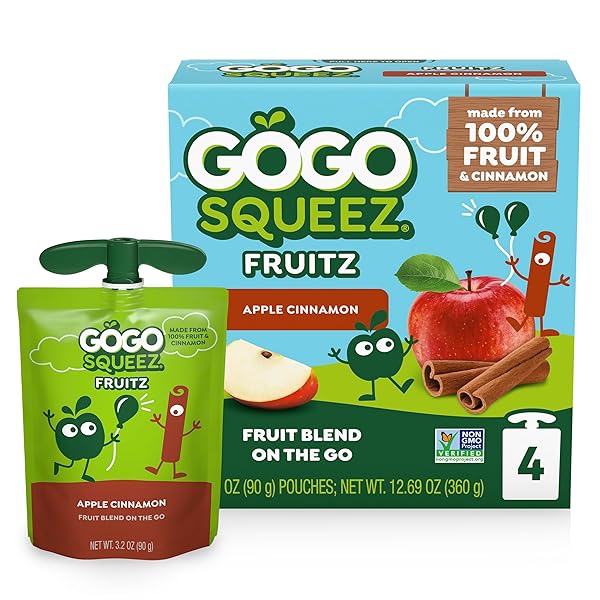 GOGO SQUEEZ APPLESAUCE AND FRUIT PUREE, APPLE CINNAMON, 3.2 OZ (PACK OF 4), UNSWEETENED FRUIT SNACKS FOR KIDS, GLUTEN FREE, NUT FREE, DAIRY FREE, BPA FREE POUCHES (PACKAGING MAY VARY)