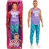 Barbie Ken Fashionistas Doll #165 with Sculpted Brown Hair Wearing Purple “Malibu” Top, Blue Starred Joggers & White Shoes, T