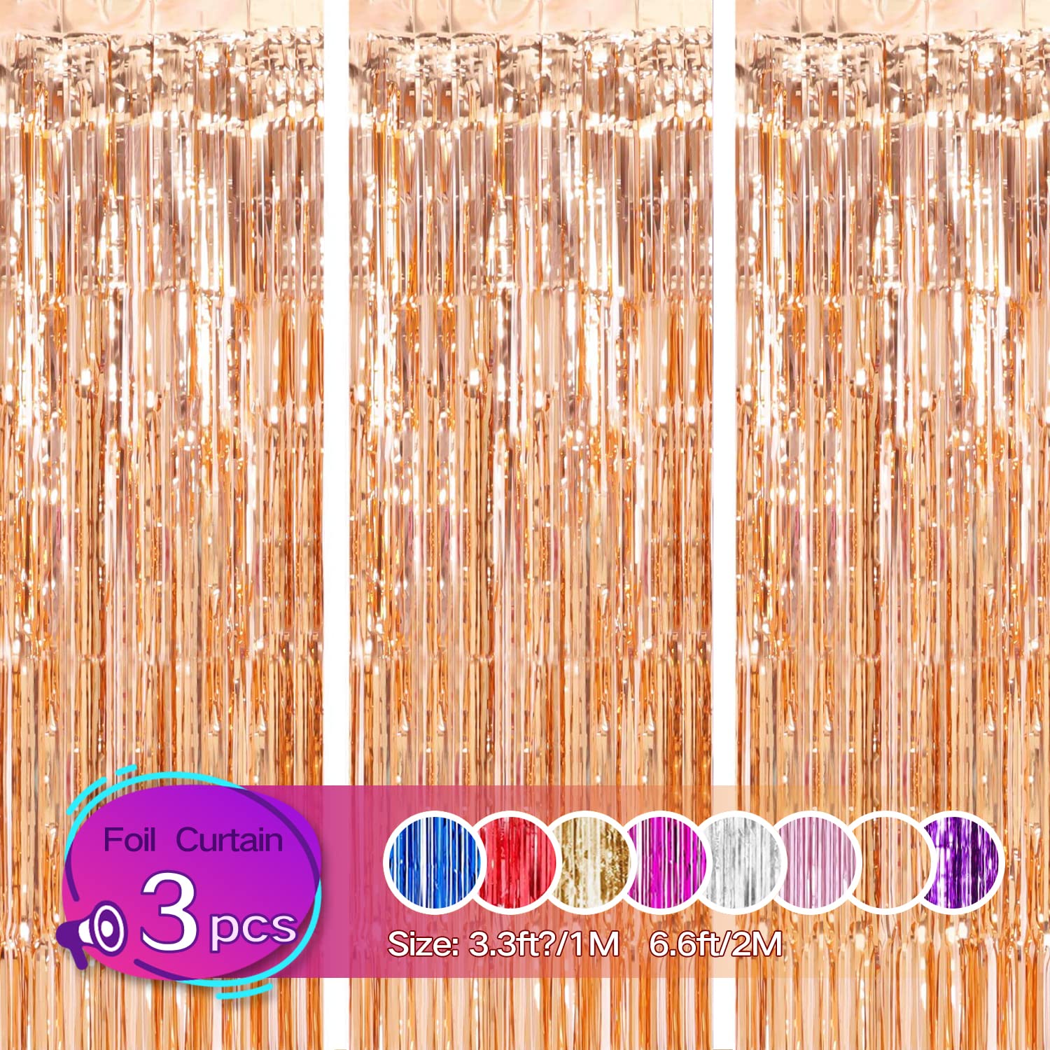 Gulaey Foil Fringe Curtains 1m x 2m, 3 Pack Metallic Tinsel Curtains for Birthday, Graduation, Wedding, Engagement, Bridal Shower, Bachelorette, Holiday Party (Rose Golden)