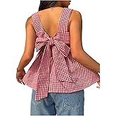 WDIRARA Women's Gingham Plaid Bow Knot Back Tank Top Square Neck Sleeveless Peplum Tops