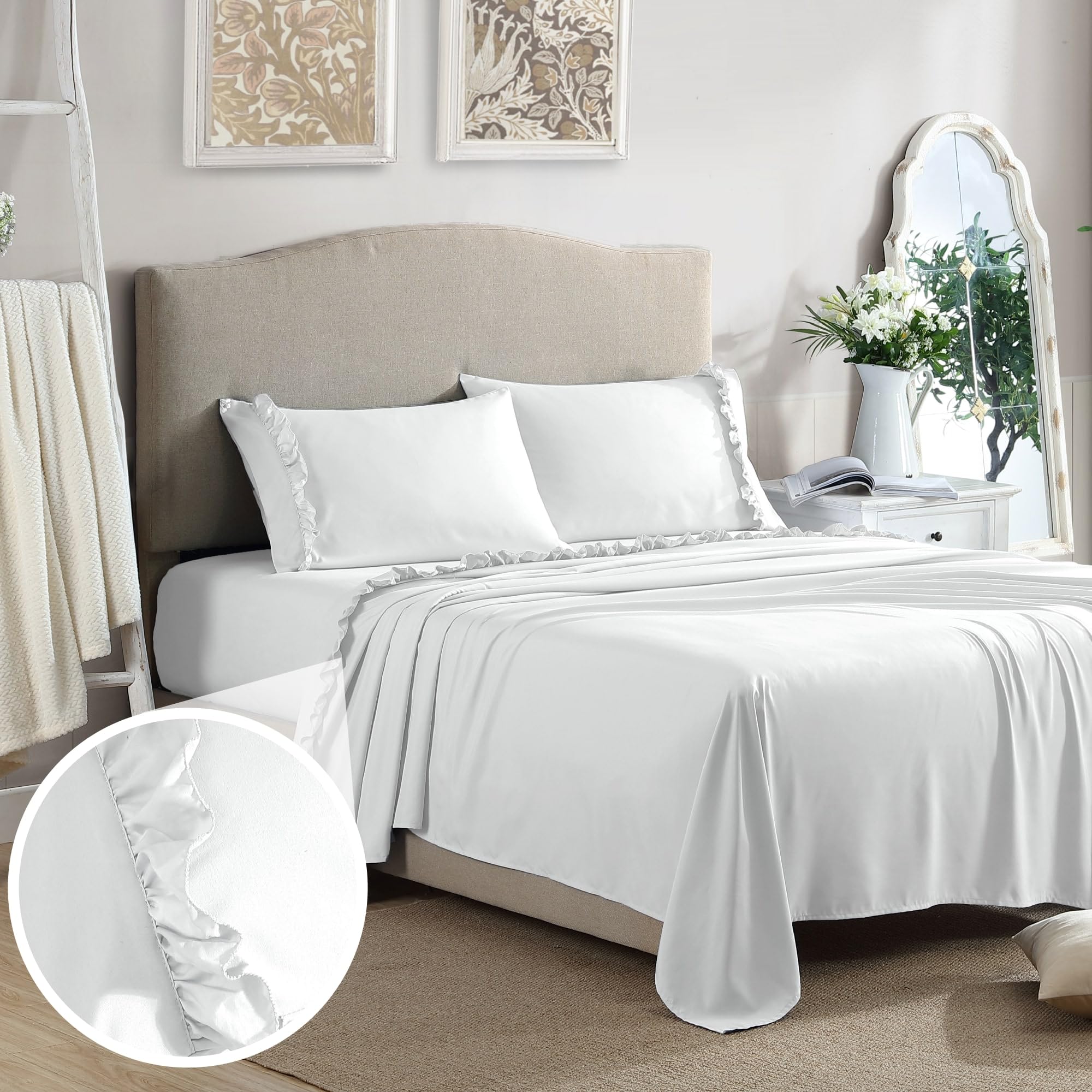 Swift Home Ultra-Soft Elegant 2-inch Ruffled Hem Design on Flat Sheet and Pillowcases, Wrinkle Resistant, Fade Resistant, Deep Pocket, Double Brushed 4-Piece Microfiber Sheet Set - King, White Image Swift Home Ultra-Soft Elegant 2-inch Ruffled Hem Design on Flat Sheet and Pillowcases, Wrinkle Resistant, Fade Resistant, Deep Pocket, Double Brushed 4-Piece Microfiber Sheet Set - King, White Image
