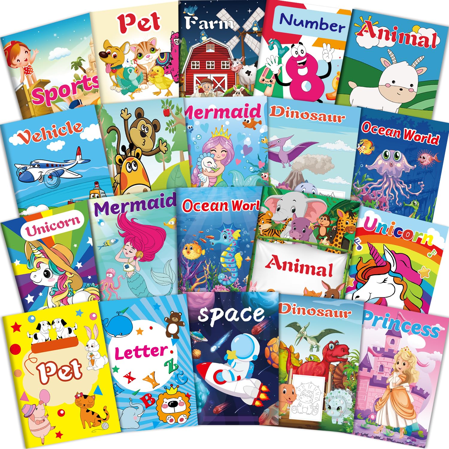 20PCS Colouring Books, Mini Colouring Books for Party Bags, Colouring Book Themes Like Unicorn,Mermaid,Dinosaur,Underwater World,Animal