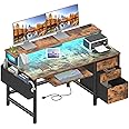 Lufeiya Computer Desk with File Drawers Cabinet, 47 Inch Home Office Desks with Keyboard Tray, Gaming Desk with LED Lights and Power Outlets, Writing Table PC Desks with Monitor Stand, Rustic Brown