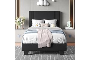 Einhomn Upholstered Twin Size Bed Frame with Linen Fabric Headboard, Strong Wooden Slats Support, Noise Free, No Box Spring Needed, Black