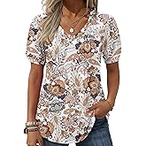 Zeagoo Women's Puff Short Sleeve Boho Shirts Casual V Neck Floral Solid Summer Blouse Pleated Tunic Top