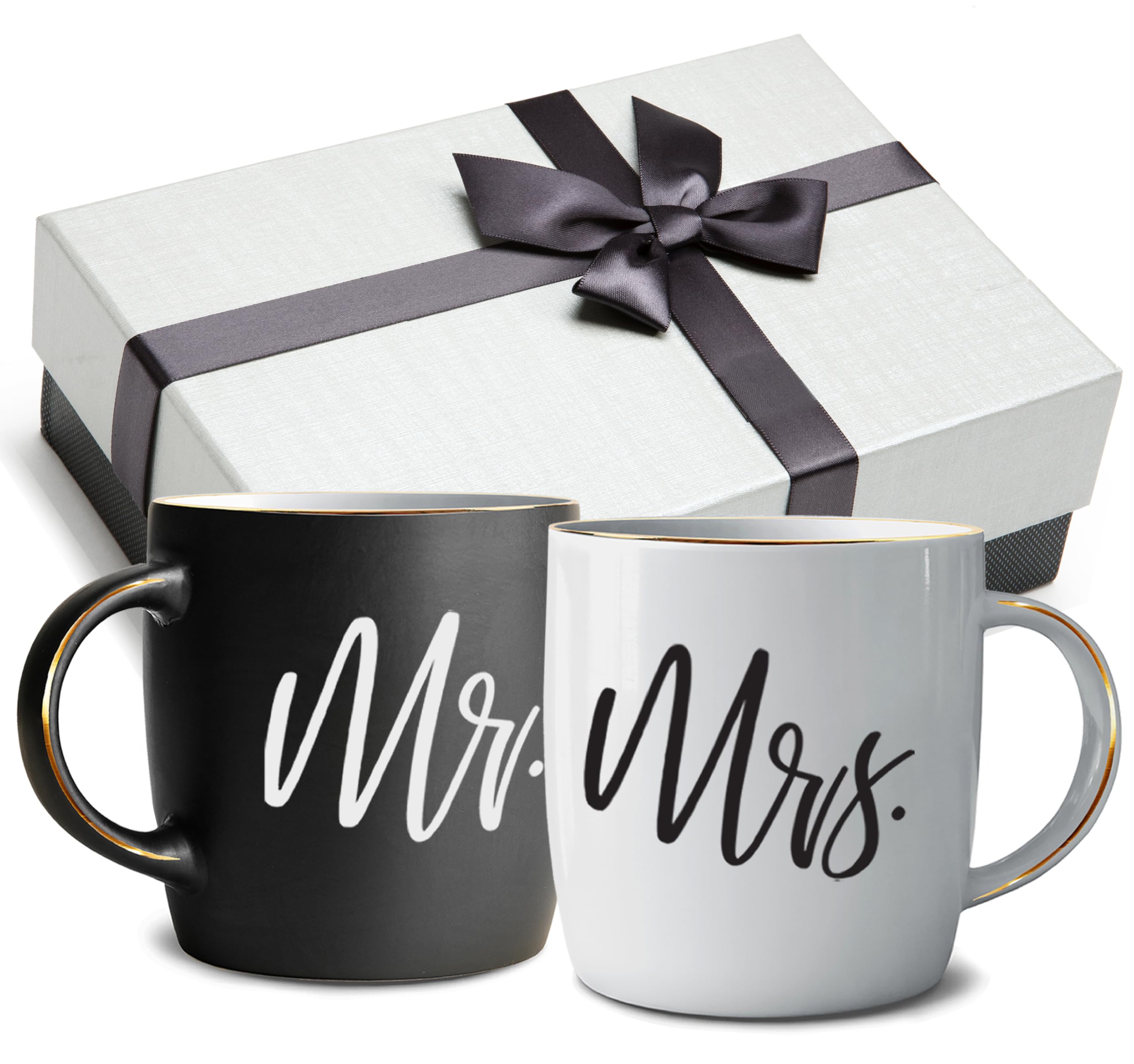 Triple Gifffted Mr and Mrs Coffee Mugs - Engagement Gifts for Couples, Wedding Anniversary, Newlyweds, Bride & Groom, Christmas, Valentines for Parents, His & Hers, Ceramic Cup, 380ML