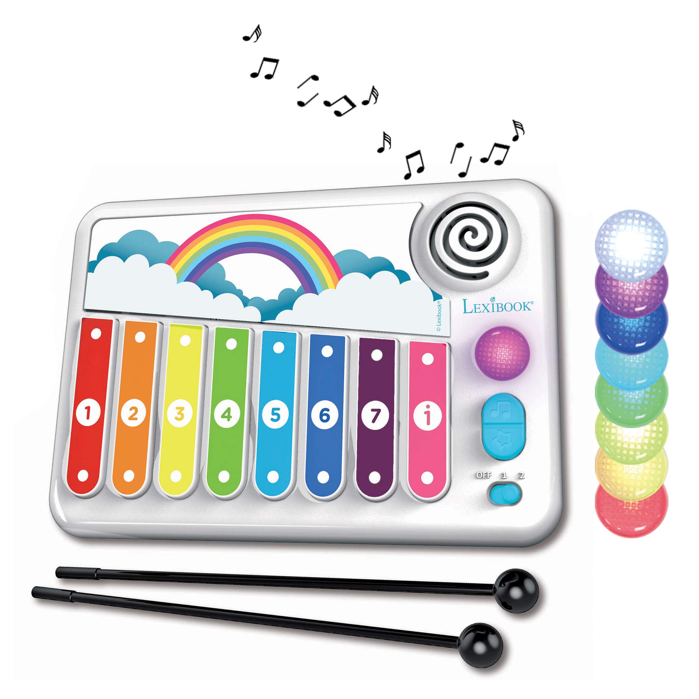 Lexibook, Xylofun, Electronic and educational xylophone for children, musical toy game, 8 keys, light guiding, 2 mallets included, white/blue, K340