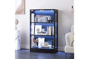 Airynee Display Cabinet with Glass Doors 3-Tier, 7 Vibrant Colors 3 Dynamic Lighting Modes HD Glass Storage Cabinet with Human Body Sensor(Black)