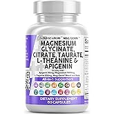 Clean Nutraceuticals Magnesium Glycinate Complex 1000mg with L-Theanine 200mg Apigenin 50mg Citrate Taurate Supplement - 5-HTP GABA Passion Flower Lemon Balm L-Glycine Phosphatidylserine - 60 Count