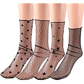 BESTOYARD 4 Pairs Women Ankle High Socks Sheer Slouch Socks Transparent Lace Socks, Black, Medium