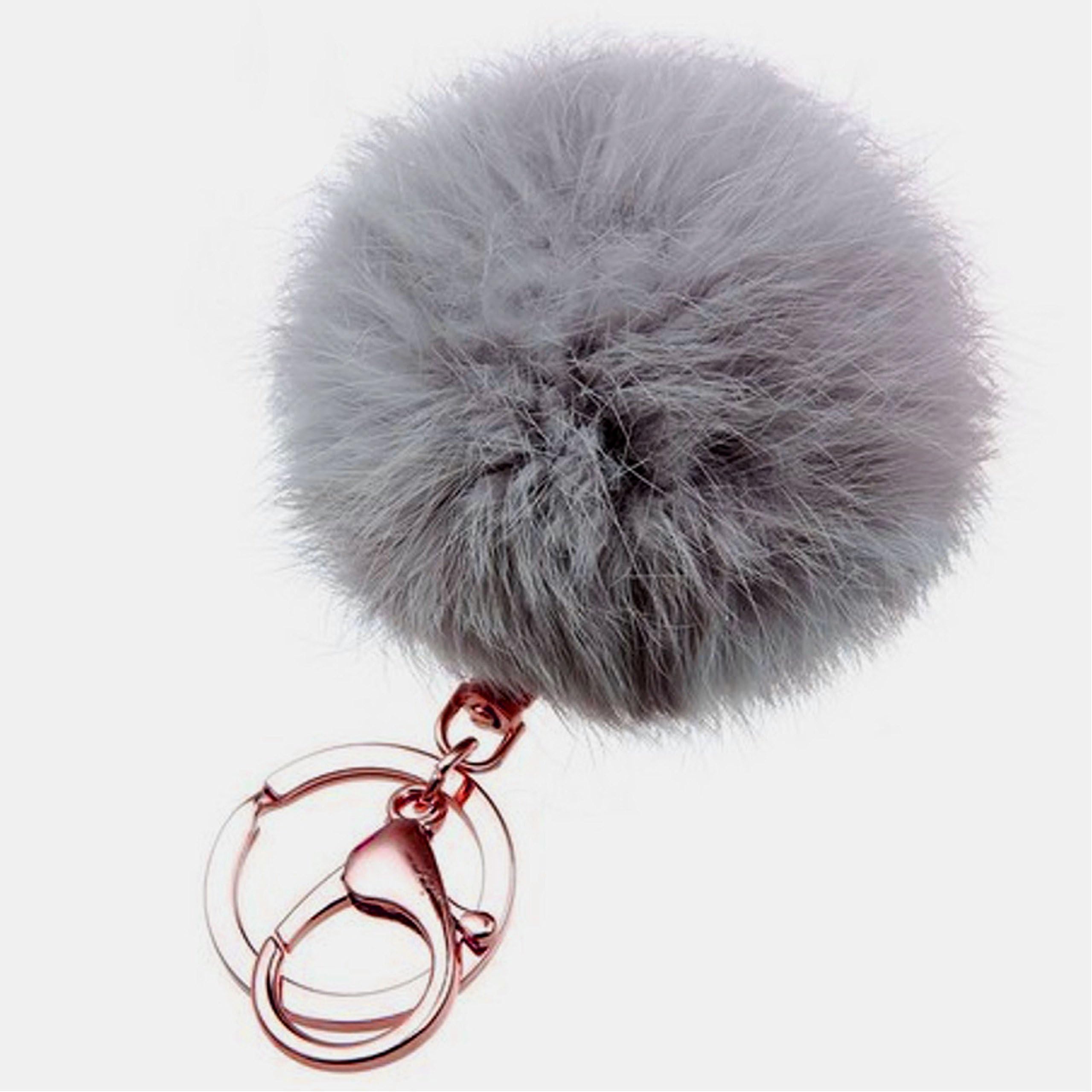 PRONOD 3.5 Inches Fluffy Rabbit Fur Pom Pom Charm Ball Key Ring Chain Gold Plated Keychain for Handbag Wallet Purse Car Key (Gray)