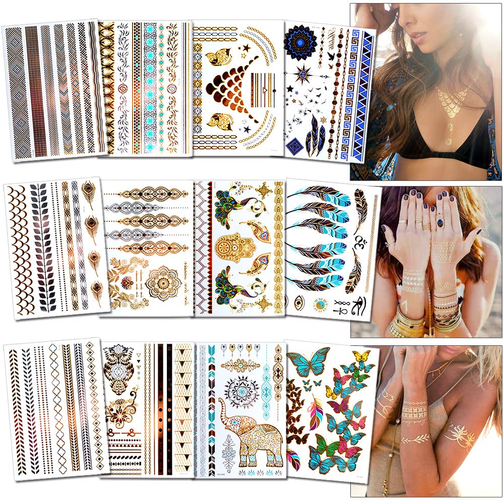 AniSqui Gold Tattoos for Women (12 Sheets Waterproof Festival), Temporary Fake Tattoos for Girls