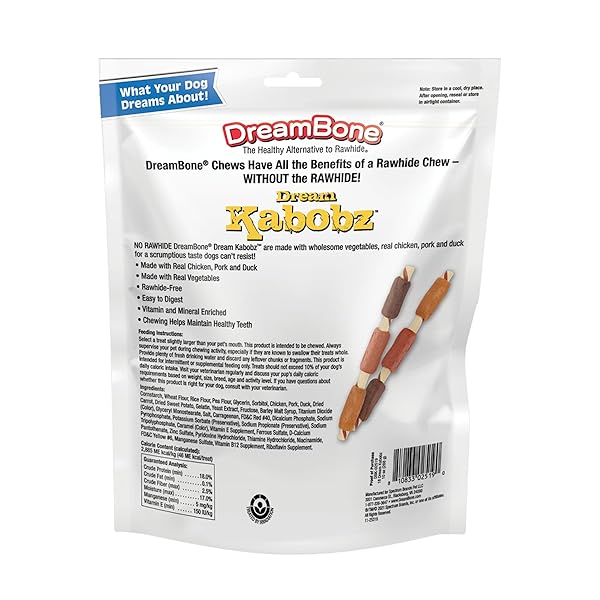 DREAMBONE DREAM KABOBZ, RAWHIDE FREE DOG CHEW STICKS MADE MADE WITH REAL CHICKEN AND VEGETABLES, 18 COUNT