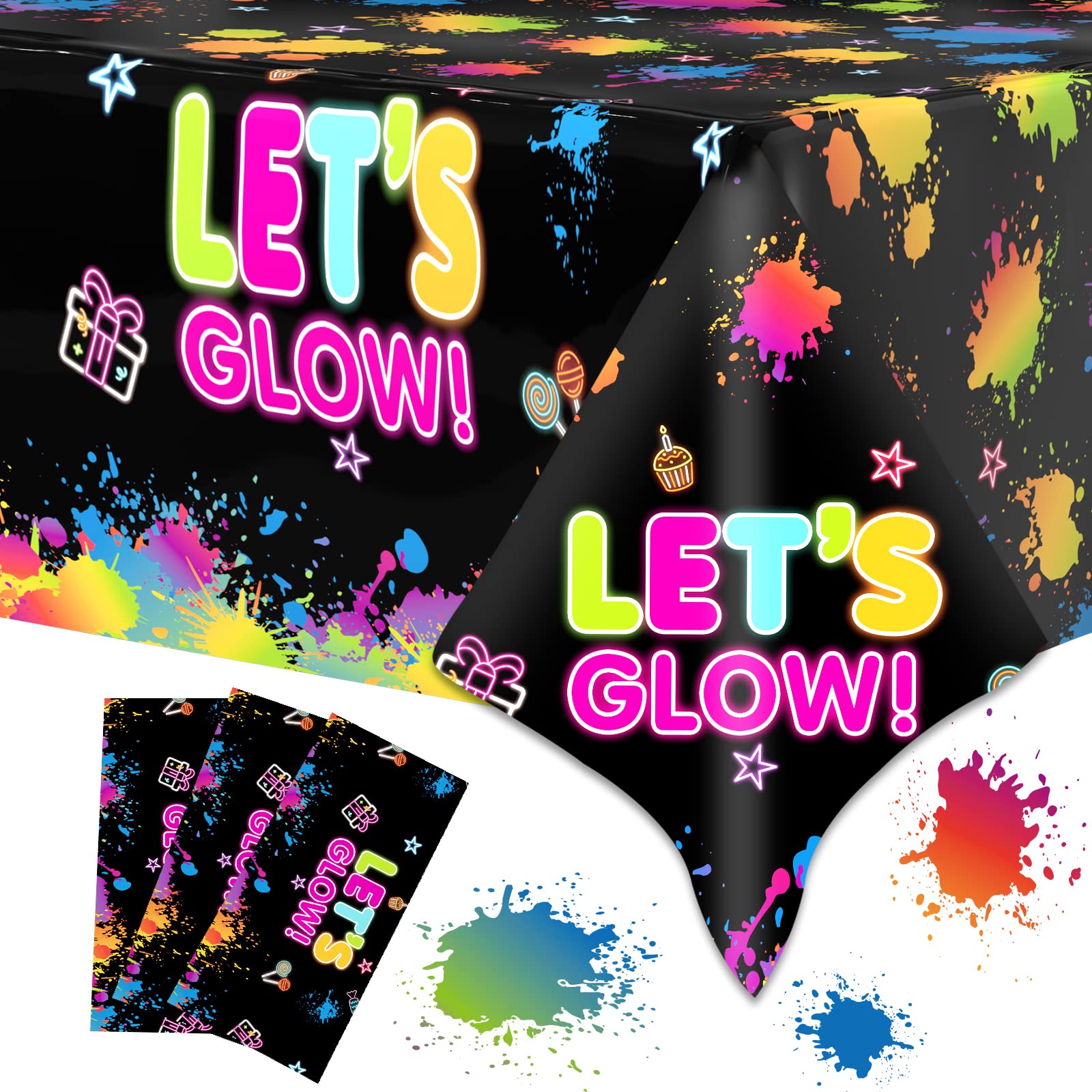Photo 1 of 3 Pcs Glow Party Table Covers Neon Tablecloths Glows in The Dark Tablecloths Decorations Neons Table Cover Supplies for Glow Party Favors, Neons Birthday Parties and Black Light Parties