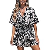 CUPSHE Women's Summer Romper Lace Up Printed Half Sleeves Casual Wide leg Vacation Outfit Mini One Piece Jumpsuit