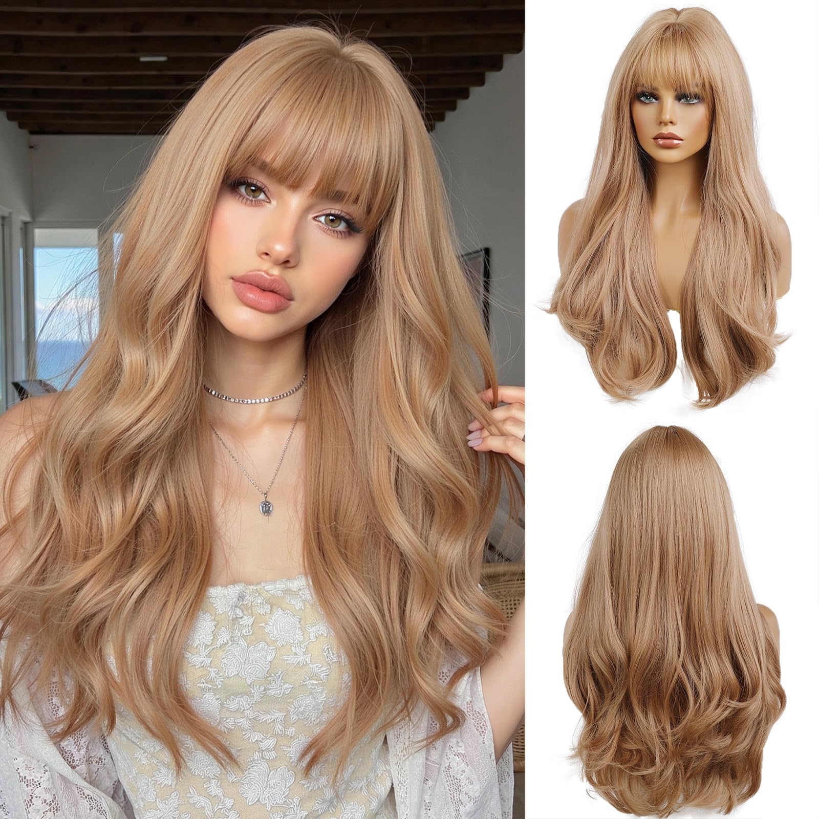OUFEI Strawberry Blonde Long Wavy Wig with Bangs for Women Natural Synthetic Hair Heat Resistant Wigs for Daily Party Cosplay Wear- 24 Inches