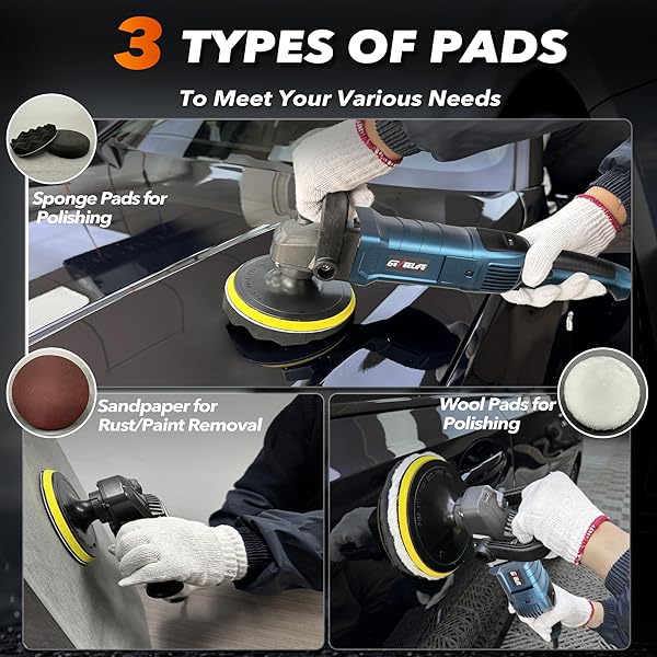 GEVEELIFE BUFFER POLISHER, 6 INCH/7 INCH 1600W ROTARY CAR BUFFER POLISHER WAXER, 7 VARIABLE SPEED 1000-3500 RPM, DETACHABLE HANDLE FOR CAR, BOAT SANDING, POLISHING, WAXING
