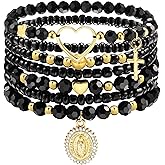 Virgin Mary Bracelet Set: 7 Pcs Stackable Stretch Miraculous Medal Bracelets, Black Mother Mary Guadalupe Bracelet