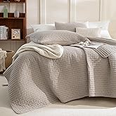 Sanracie Stonewashed Cotton Coverlet Oversized King(120"x120"), Linen Colored Cross Stitch Pattern California King Quilt Sets 3Pcs Ultra Soft Lightweight Crinkle Bed Coverlet Set for All Season