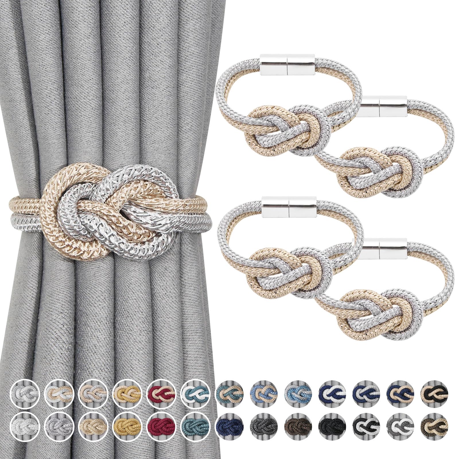 Pretty Jolly 4 Pack Mini Magnetic Curtain Tiebacks Nordic Simple Style Drape Tie Backs Elegant Hand Weave Rope Knot Decorative Curtain Holdbacks for Home & Office Window Drapery (Grey & Beige)