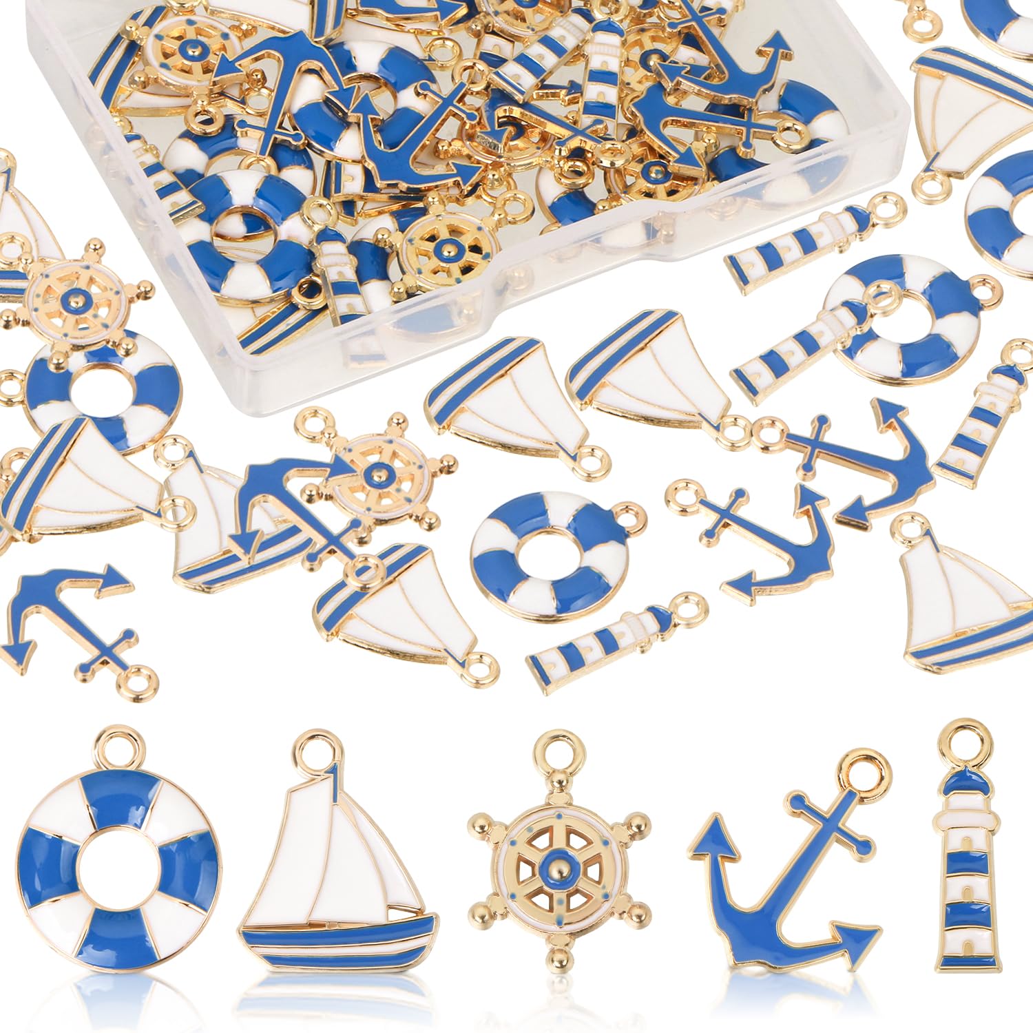 GOKEPO 50 Pcs Nautical Charm Ocean Themed Pendants Rudder Boat Charms Anchor Charm Pendants Ship Helm Sailor Navy Charms Accessory Supplies for DIY Jewelry Making Bracelet Necklace Earring