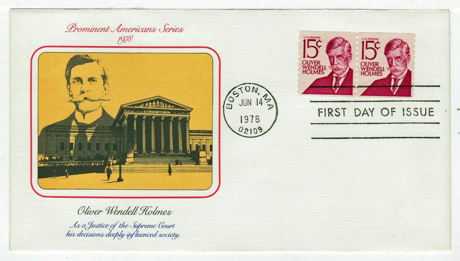 United States Prominent Americans - Oliver Wendell Holmes Postage (Coil Pair) Stamp Original First Day Cover # 1305E w/Cachet Fleetwood