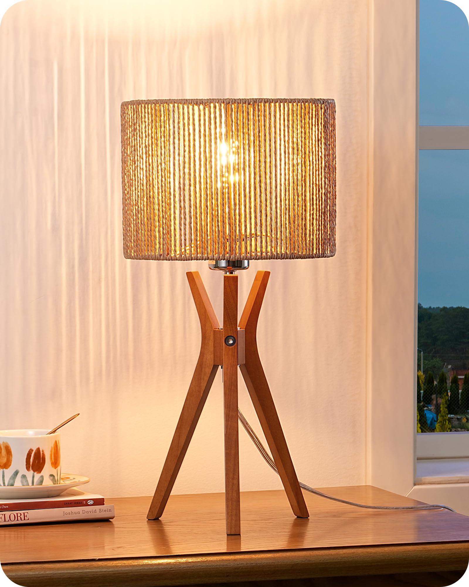 Photo 1 of EDISHINE 17.5" Rattan Table Lamp, Wood Bedside Lamp with Handmade Paper Rope Woven Lampshade, Nightstand Lamp for Living Room, Bedroom, E26 Base, ON-Off Switch