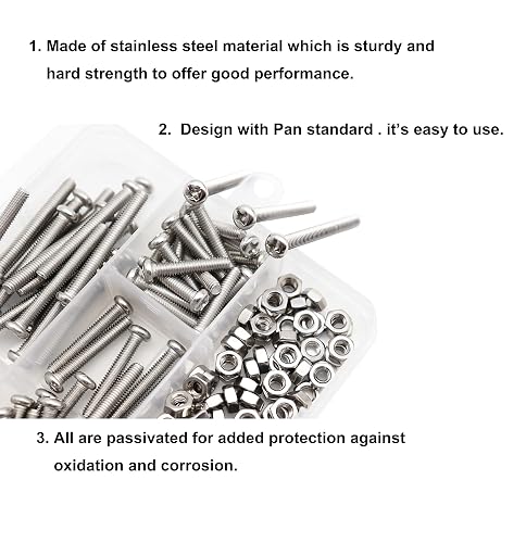 CSeao 340pcs Flat Phillips Head M3 Screws Nuts Washers Assortment Kit, M3x30mm/ 35mm/ 40mm/ 45mm/ 50mm,304 Stainless Steel