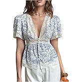 SHENHE Women's Floral Deep V Neck Top Lace Trim Button Down Short Sleeve Coquette Blouse Top
