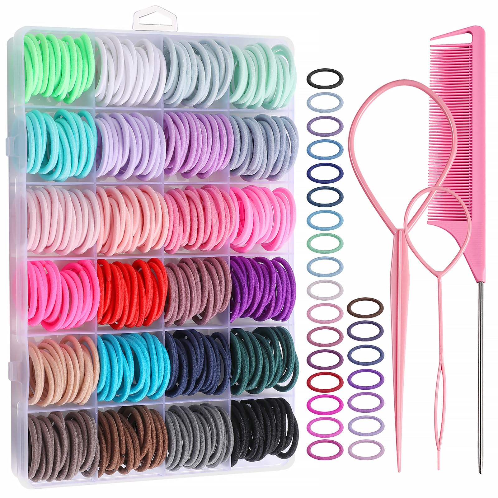Photo 1 of 360PCS Hair Accessory Set: Elastic Ponytail Holders, Clear Organizer Box, Rat Tail Comb, 24 Colors for Kids, Toddlers, and Girls